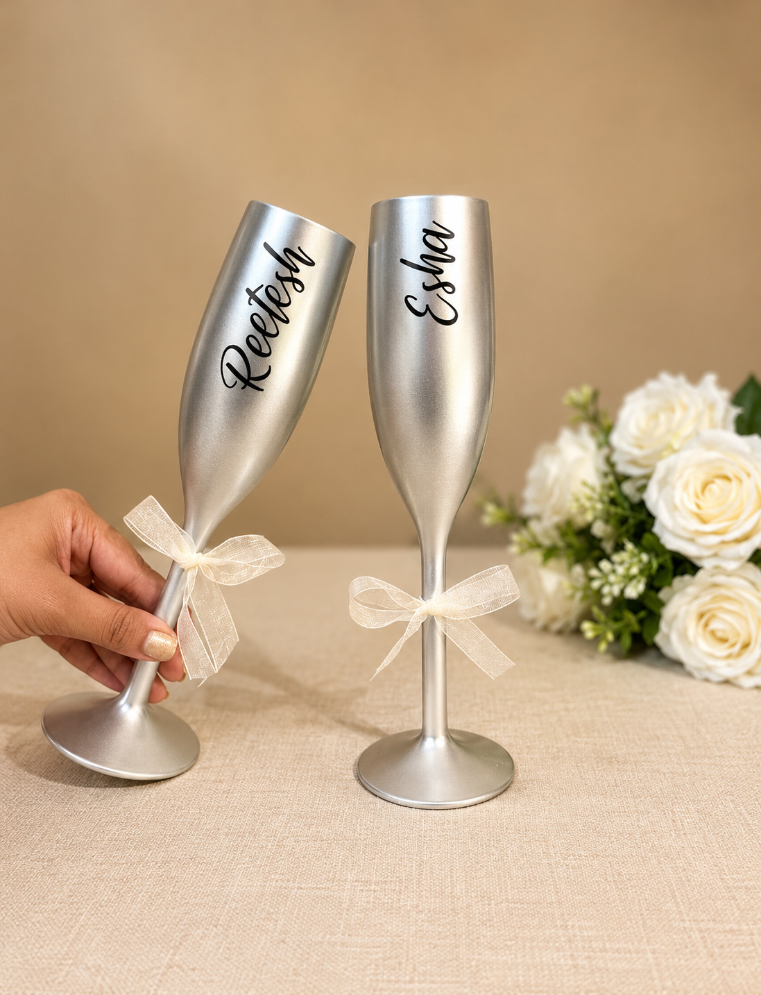 Unbreakable Champagne Flutes with Customisable Name - Set of 2 silver