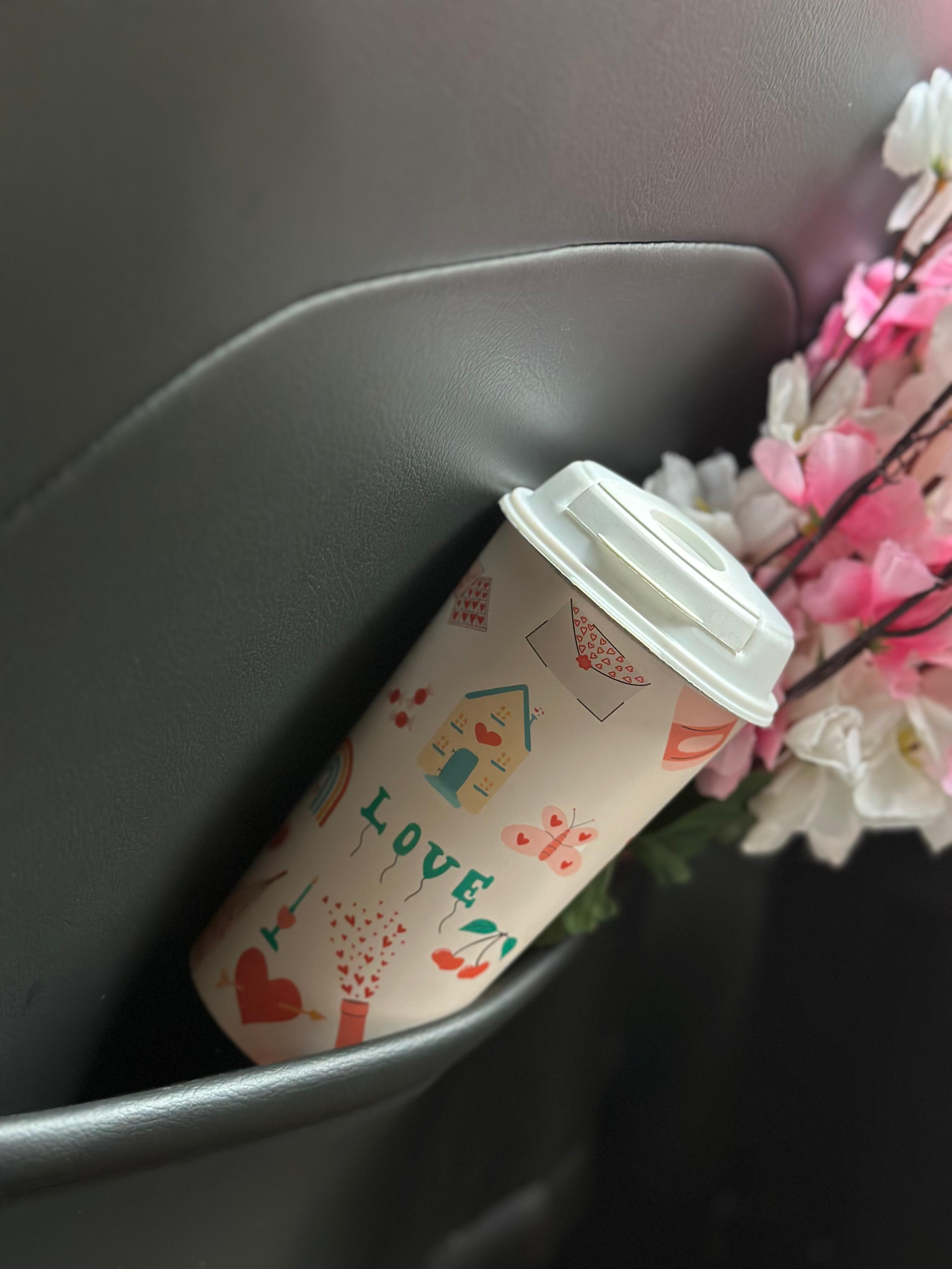 Designer Cups by Chirpy Cups with coffee & sipper lids - Flirty Fizz