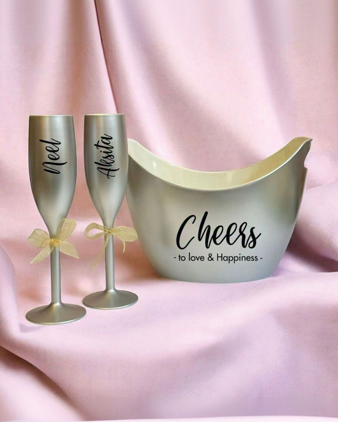 CHEERS TO THE YEARS, Non Breakable Champagne Glass Gift Set With Chilling Bucket - Silver