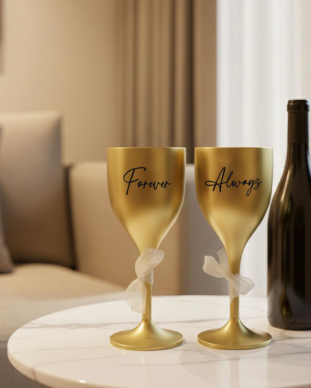 Non Breakable Couple Wine Glass Gift Set - Forever & Always Wine Glasses - Set of 2 - Gold