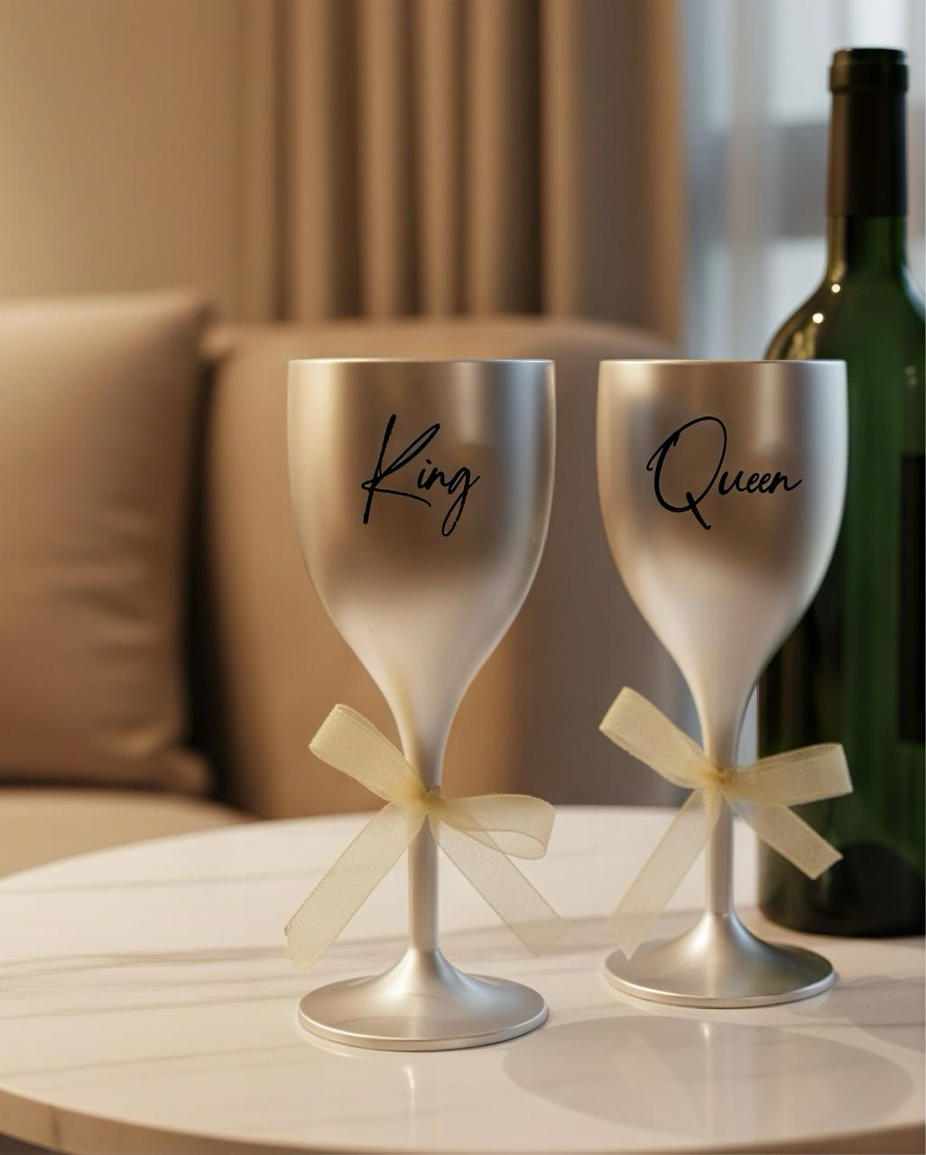 Non Breakable Couple Wine Glass Gift Set - King & Queen Wine Glasses - Set of 2 - silver