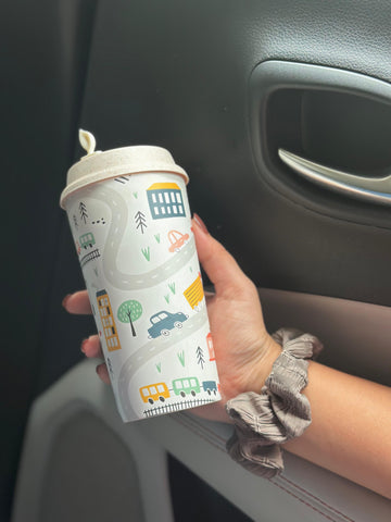 Designer Cups by Chirpy Cups with coffee & sipper lids - Roadtrip