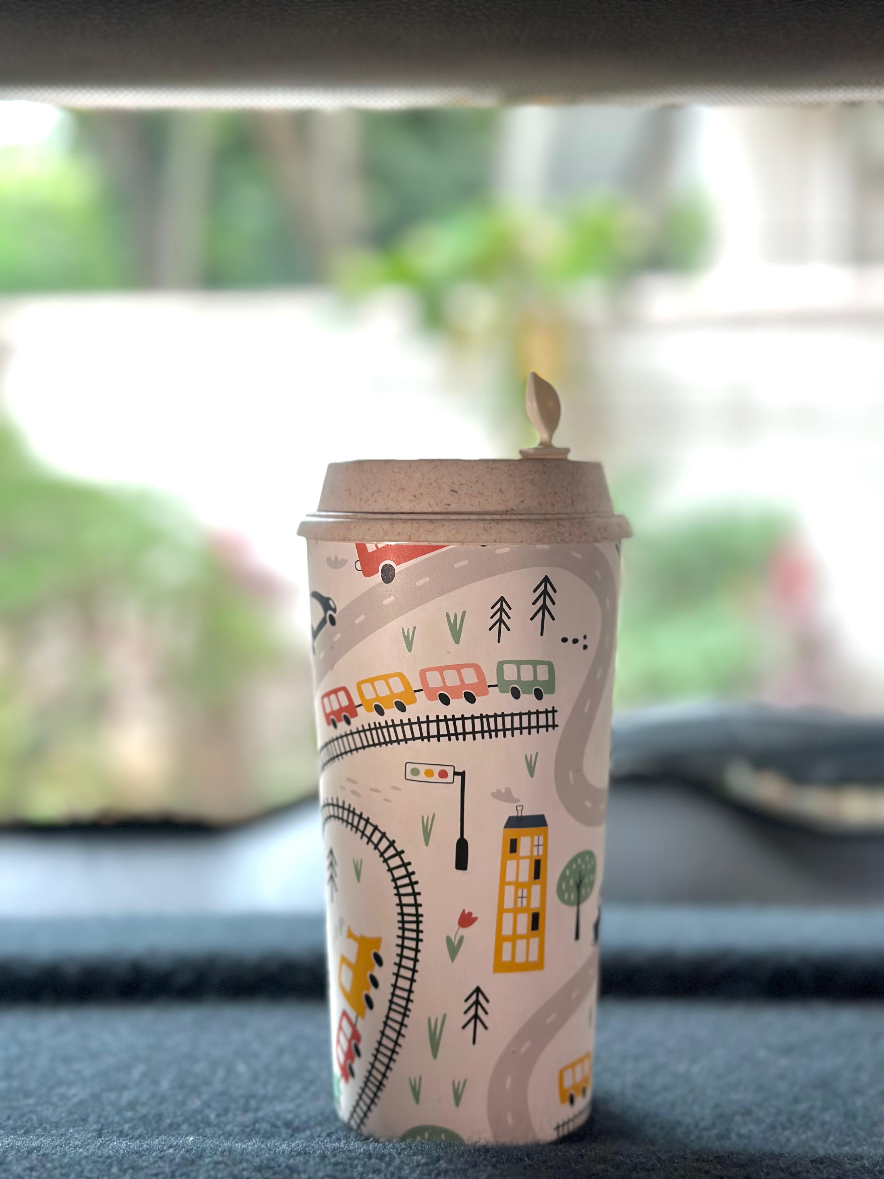 Designer Cups by Chirpy Cups with coffee & sipper lids - Roadtrip