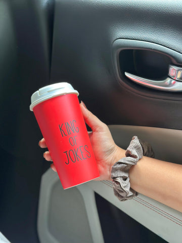 Designer Cup by Chirpy Cups with coffee & sipper lids - king of joke