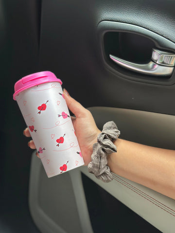 Designer Cup by Chirpy Cups with coffee & sipper lids - Tangled Hearts