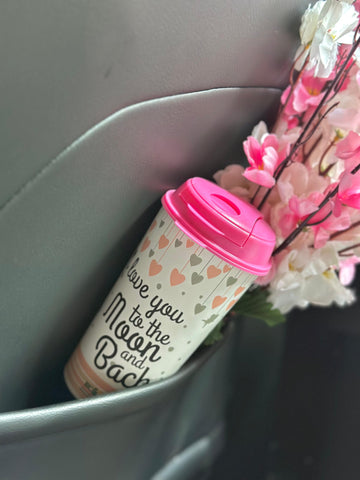 Designer Cup by Chirpy Cups with coffee & sipper lids, Food Safe, BPA Free, Recyclable - Love You to the moon & back