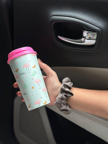 Designer Cups by Chirpy Cups with coffee & sipper lids - Ocean Flamingo