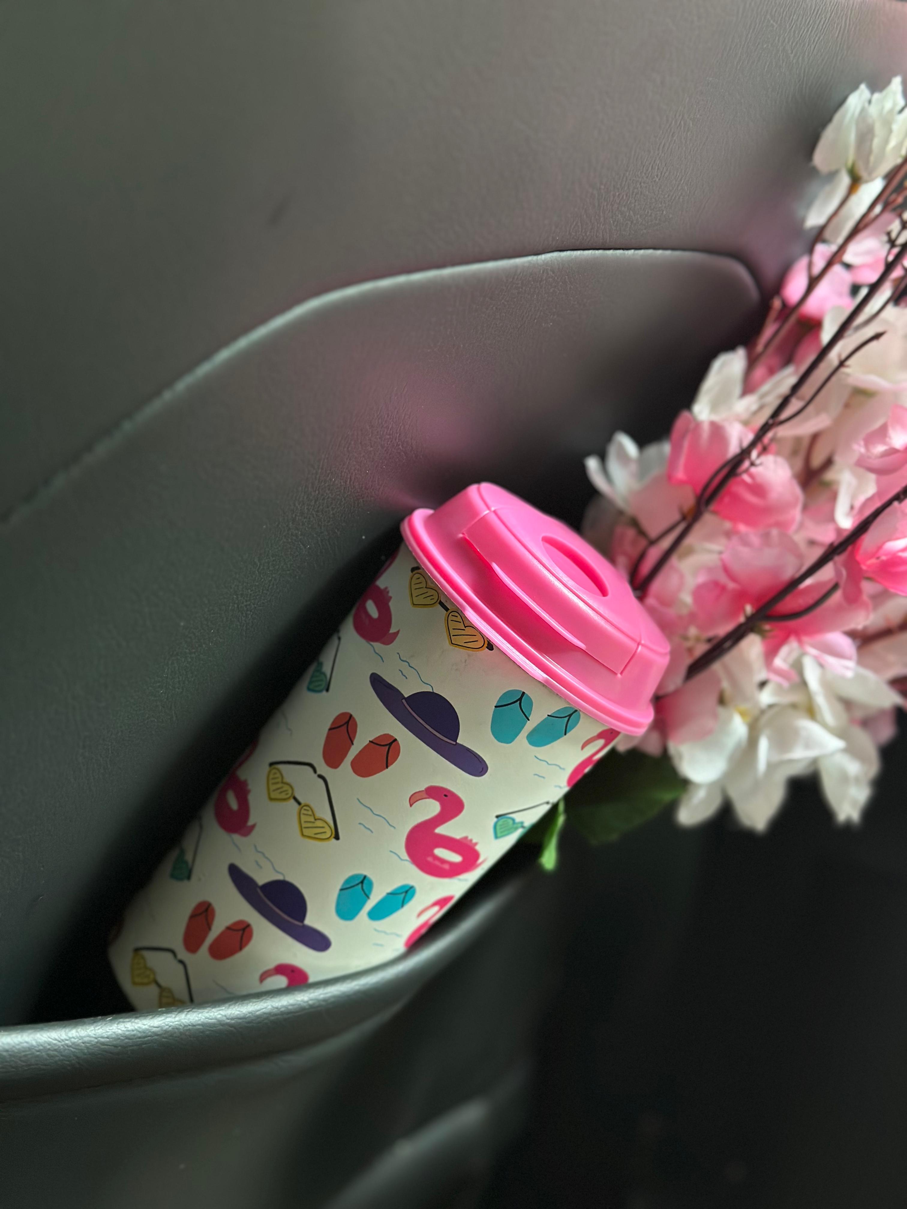 Designer Cups by Chirpy Cups with coffee & sipper lids - Beach Flamingo