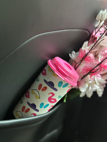Designer Cups by Chirpy Cups with coffee & sipper lids - Beach Flamingo