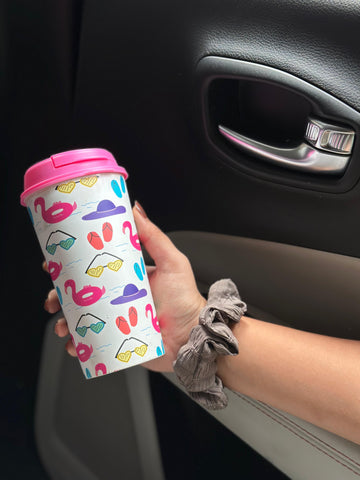 Designer Cups by Chirpy Cups with coffee & sipper lids - Beach Flamingo