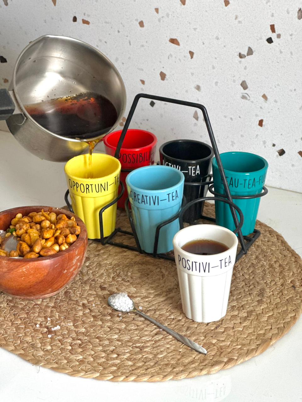 Unbreakable Cutting Chai Cups with Stand - Set of 6 - Solid Multicolor With Quirky Print