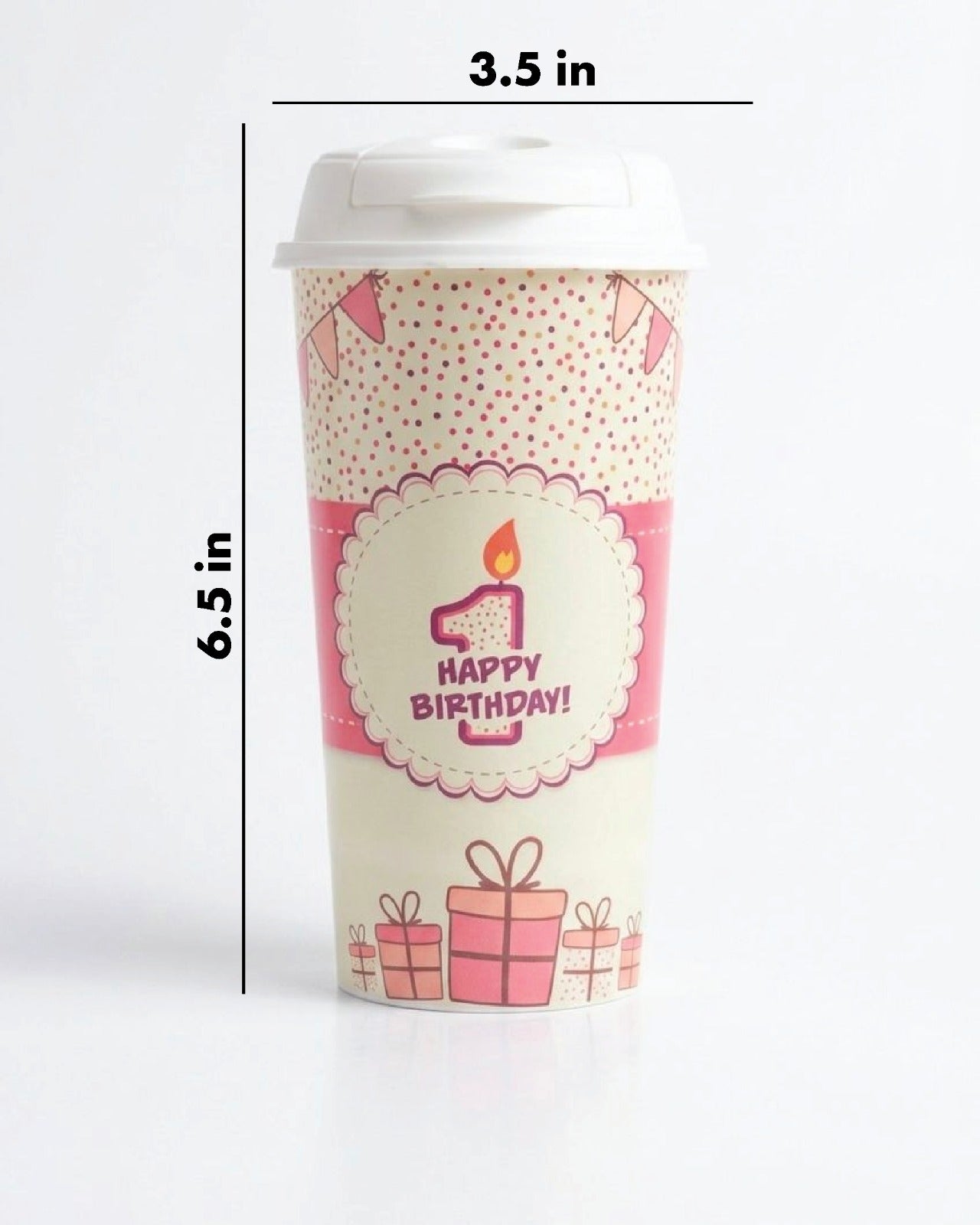 Designer Cup by Chirpy Cups with coffee & sipper lids, Food Safe, BPA Free, Recyclable - Happy 1st Birthday