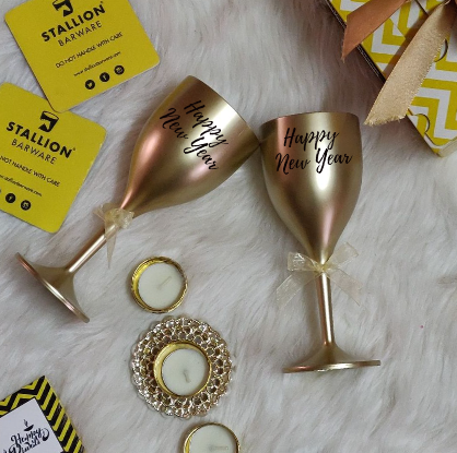 Happy New Year printed Wine Glasses - Gold, Set of 2  StallionBarware