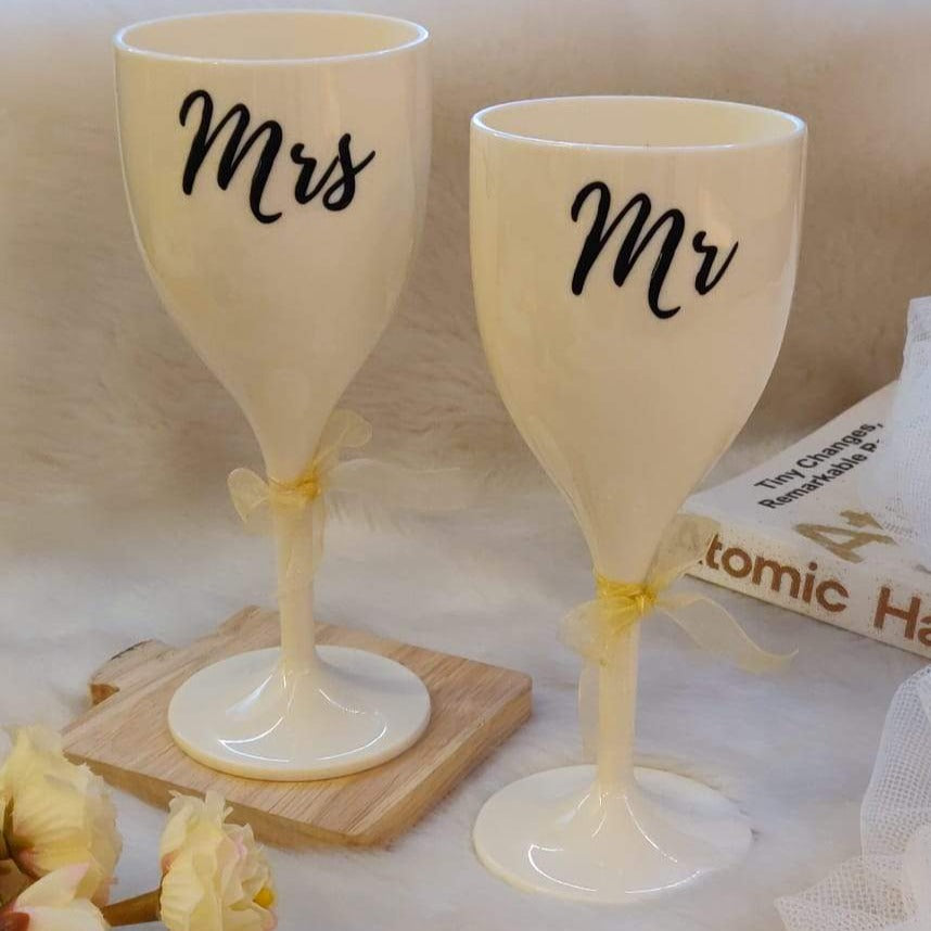 Non Breakable Couple Wine Glass Gift Set - Mr. & Mrs Wine Glasses - Set of 2 - White