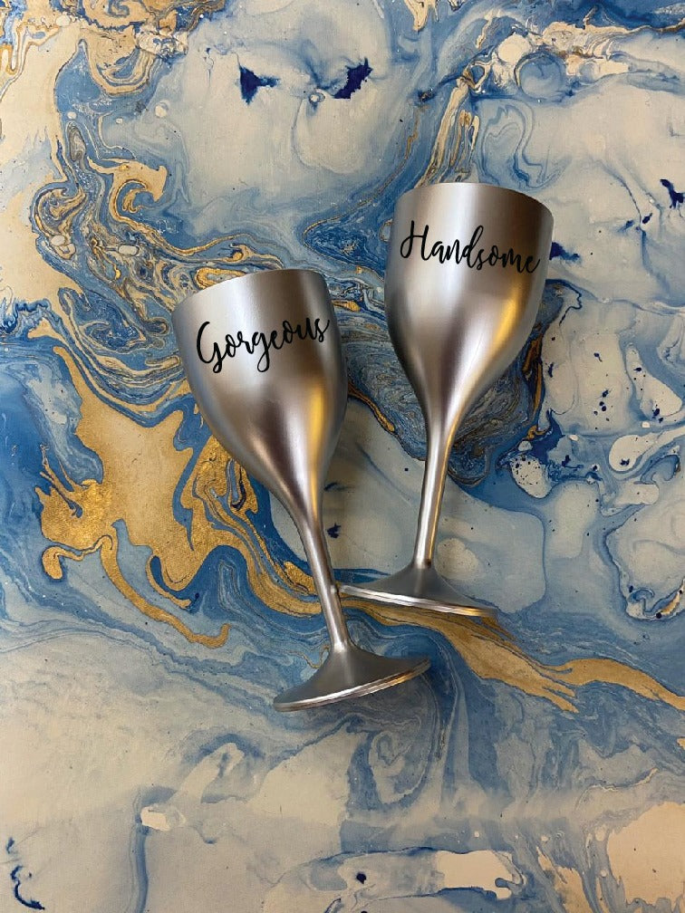Non Breakable Couple Wine Glass Gift Set - Handsome & Gorgeous Wine Glasses - Set of 2 - silver