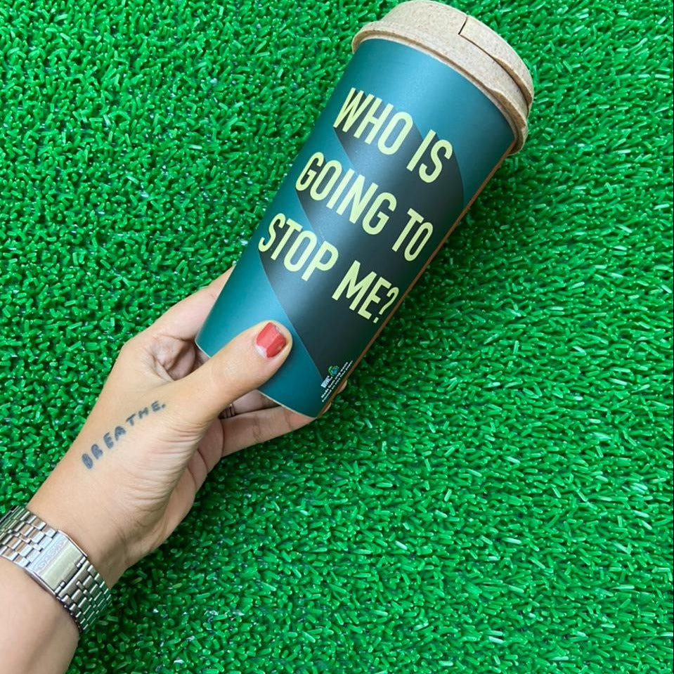 Designer Cup by Chirpy Cups with coffee & sipper lids -Who Is Going To Stop Me ?
