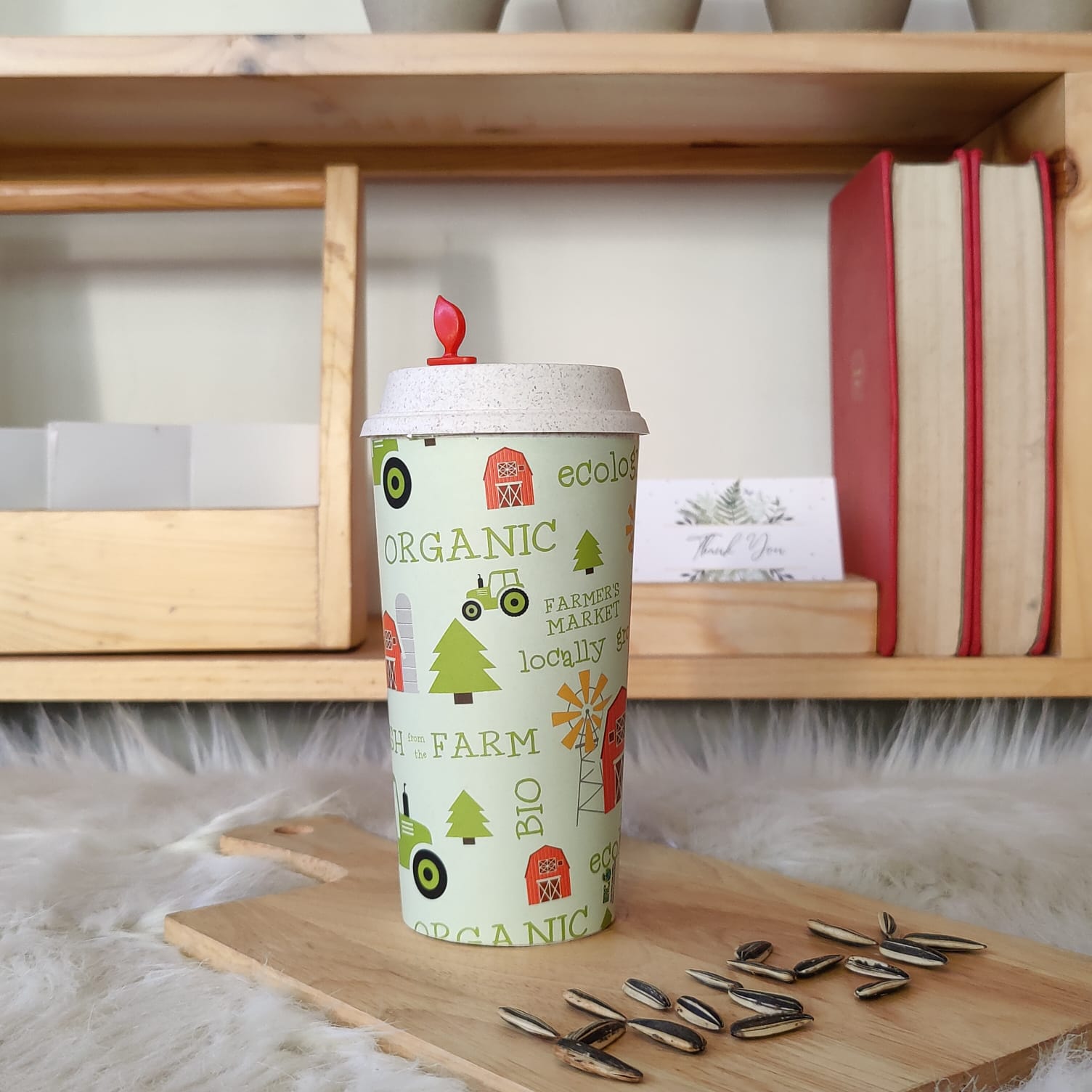 Designer Cups by Chirpy Cups with coffee & sipper lids - Organic Farm