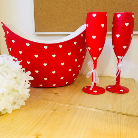 Non breakable red champagne glass gift set (Set of 2 - 170 ml each) with chilling bucket - Valentines Day gifts , Wedding & Anniversary gifts