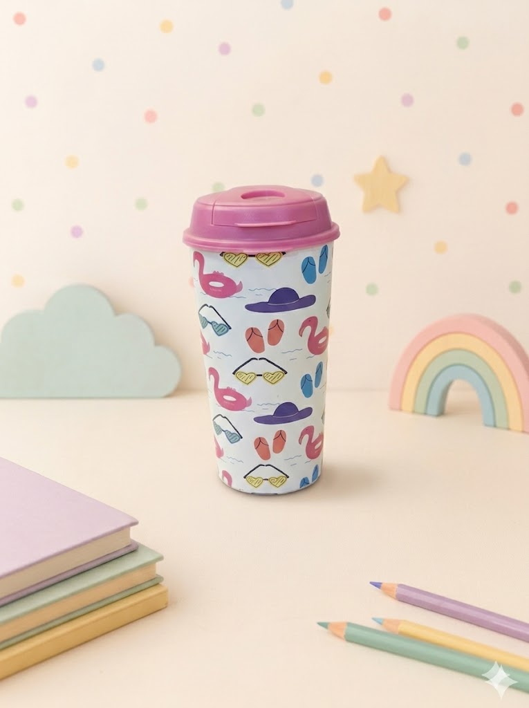 Designer Cups by Chirpy Cups with coffee & sipper lids- Beach Flamingo
