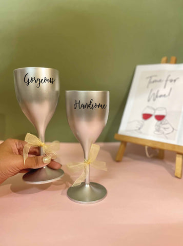 Non Breakable Couple Wine Glass Gift Set - Handsome & Gorgeous Wine Glasses - Set of 2 - silver