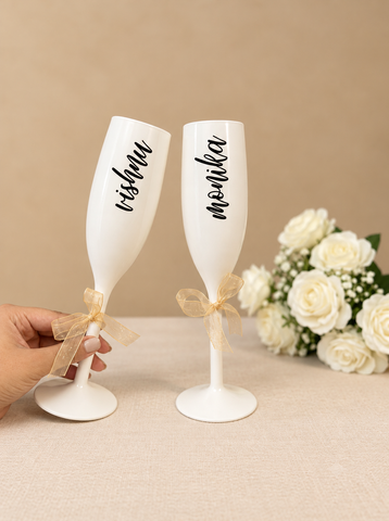 Unbreakable Champagne Flutes with Customisable Name - Set of 2 Ivory white