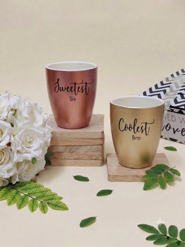 Unbreakable Mug, Set of 2 -with Coolest Bro & Sweetest Sis, Metallic Gold & Metallic Rosegold