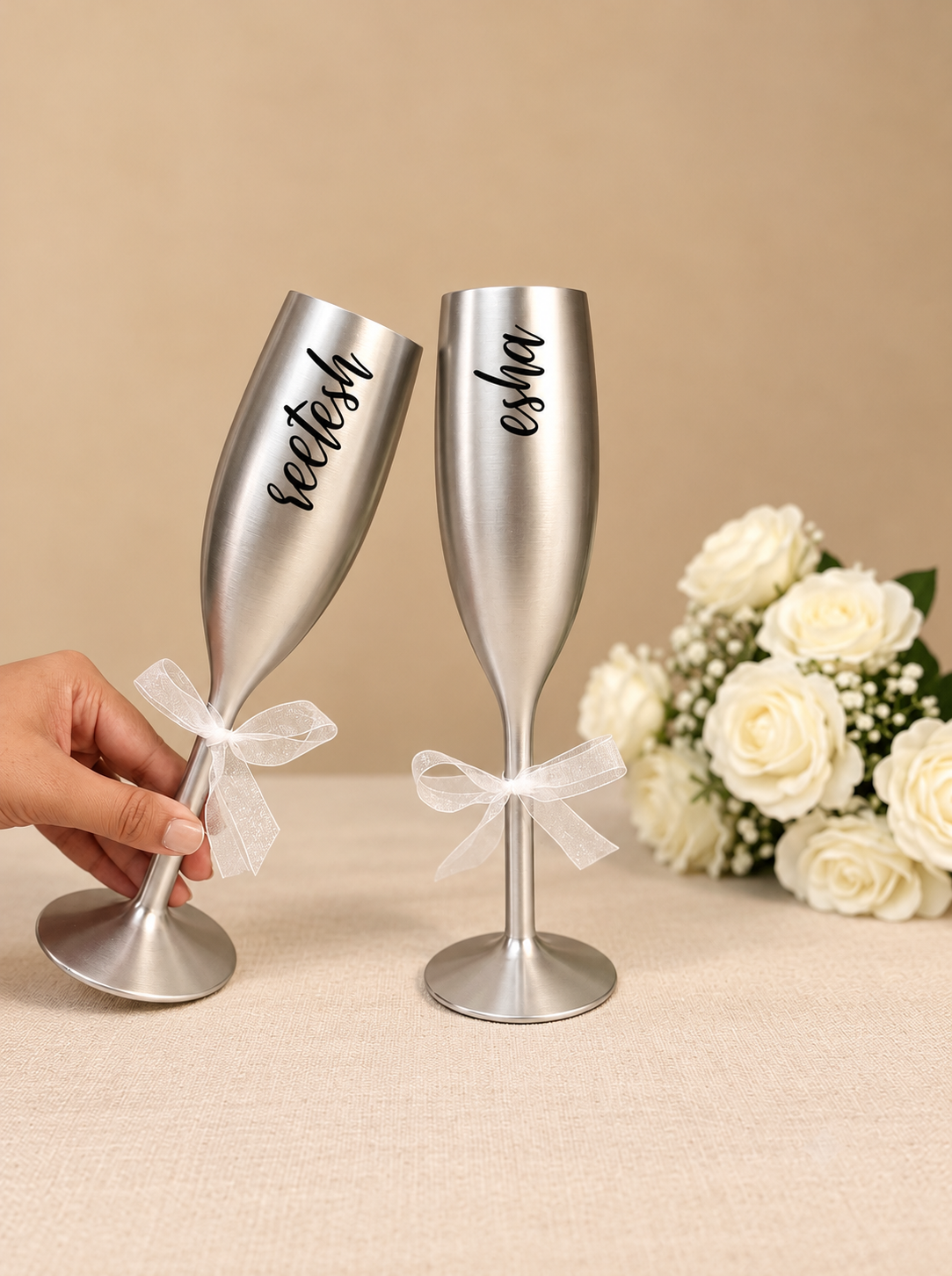 Unbreakable Champagne Flutes with Customisable Name - Set of 2 silver