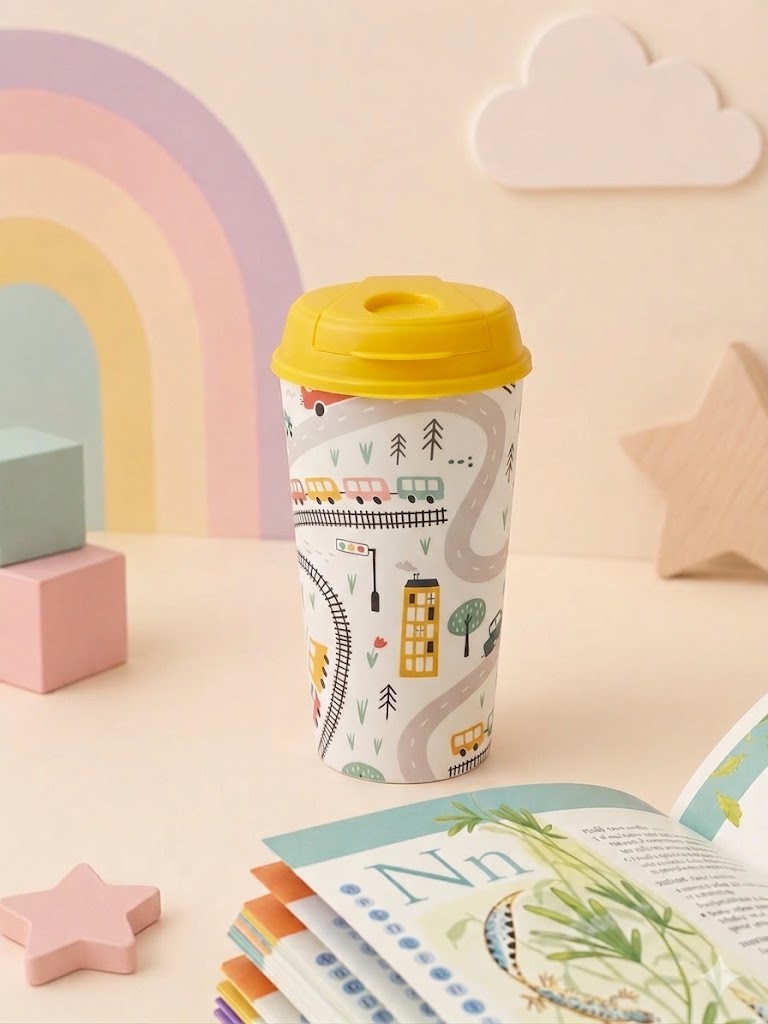 Designer Cups by Chirpy Cups with coffee & sipper lids- Roadtrip