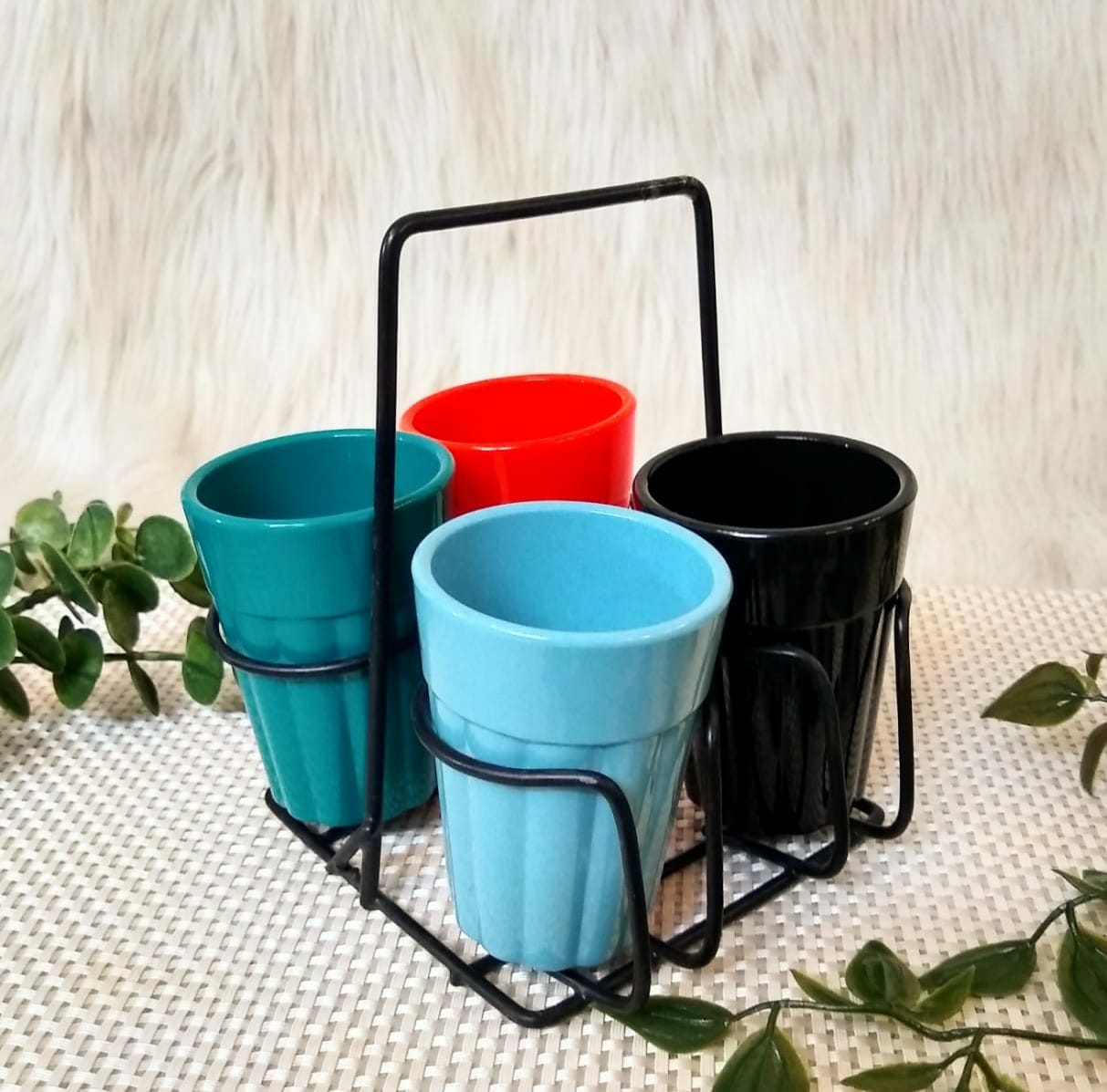 Unbreakable Cutting Chai Cups with Stand - Set of 4 - Solid Multicolor
