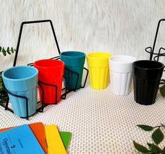 Unbreakable Cutting Chai Cups with Stand - Set of 6 - Solid Multicolor