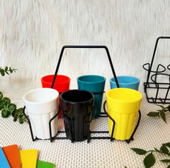 Unbreakable Cutting Chai Cups with Stand - Set of 6 - Solid Multicolor