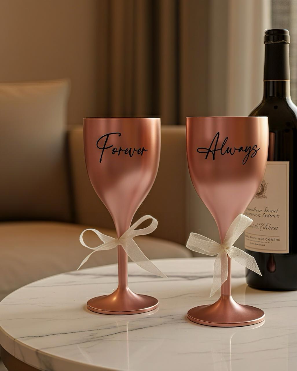 Non Breakable Couple Wine Glass Gift Set - Forever & Always Wine Glasses - Set of 2 - Rose gold