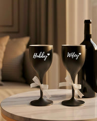 Non Breakable Couple Wine Glass Gift Set - Hubby & Wifey Wine Glasses - Set of 2 - Matte Black