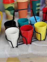 Unbreakable Cutting Chai Cups with Stand - Set of 6 - Solid Multicolor  With Quirky Print