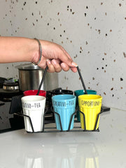 Unbreakable Cutting Chai Cups with Stand - Set of 6 - Solid Multicolor  With Quirky Print