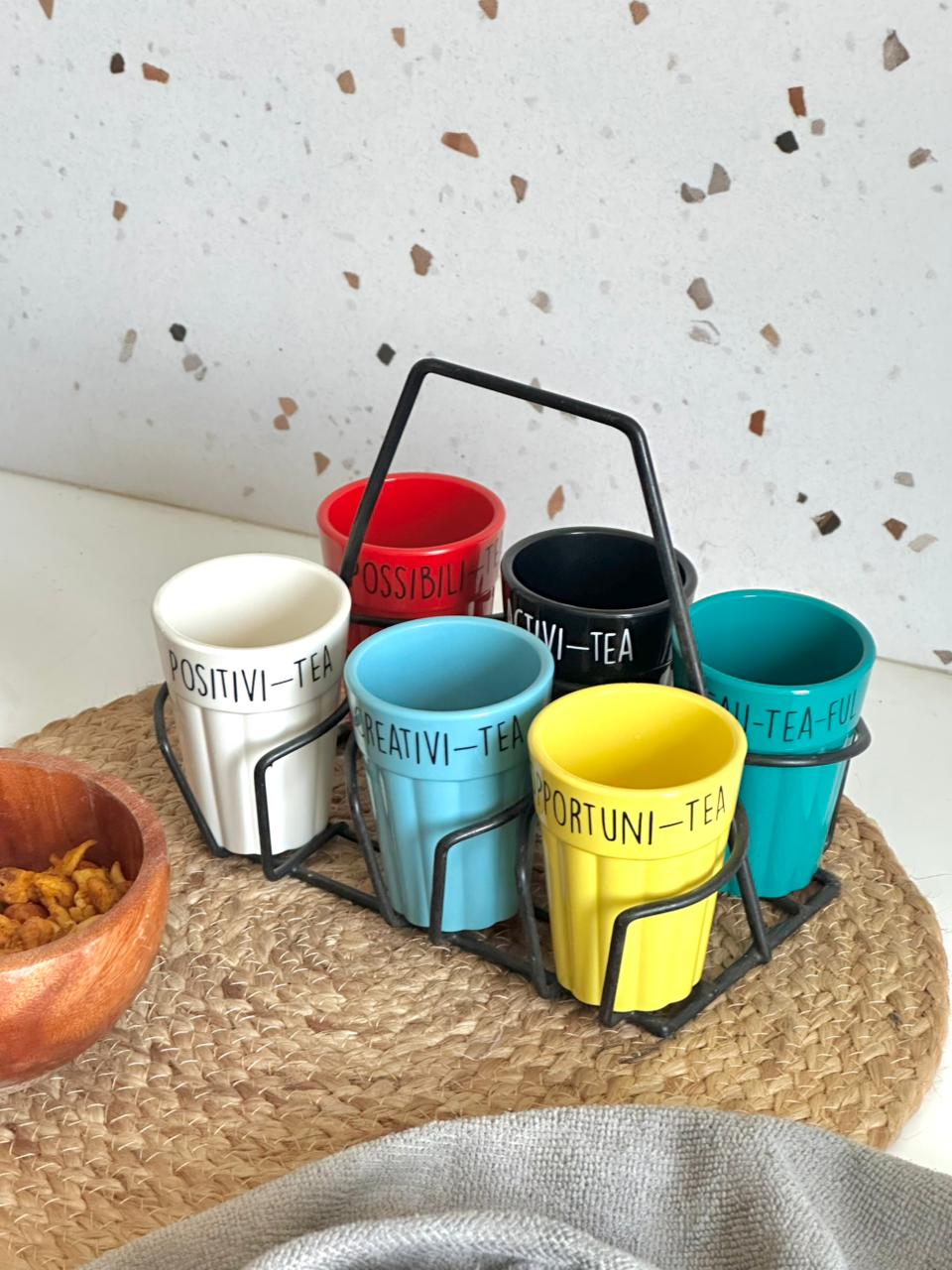 Unbreakable Cutting Chai Cups with Stand - Set of 6 - Solid Multicolor  With Quirky Print