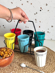 Unbreakable Cutting Chai Cups with Stand - Set of 6 - Solid Multicolor  With Quirky Print