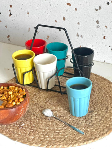 Unbreakable Cutting Chai Cups with Stand - Set of 6 - Morning Hues