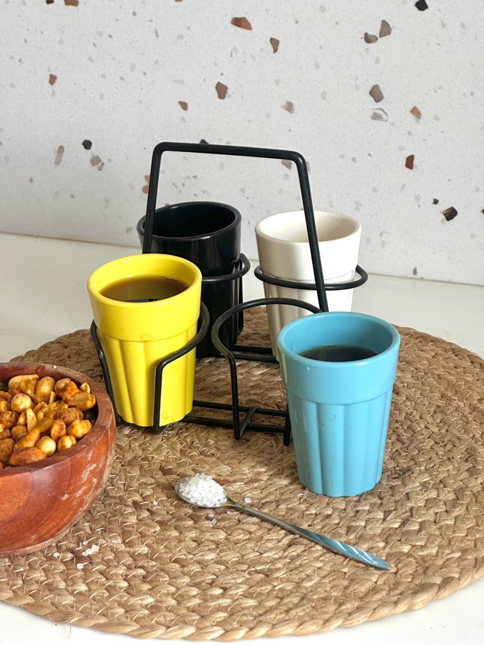 Unbreakable Cutting Chai Cups with Stand - Set of 4 - Solid Multicolor