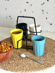 Unbreakable Cutting Chai Cups with Stand - Set of 4 - Solid Multicolor