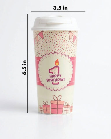 Designer Cup by Chirpy Cups with coffee & sipper lids, Food Safe, BPA Free, Recyclable - Happy 1st Birthday