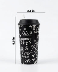 Designer Cup by Chirpy Cups with coffee & sipper lids - Doodle Art