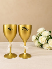 Non Breakable Couple Wine Glass Gift Set - Mr. & Mrs Wine Glasses - Set of 2 - Gold