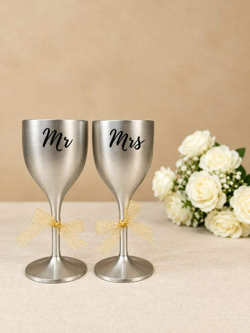 Non Breakable Couple Wine Glass Gift Set - Mr. & Mrs Wine Glasses - Set of 2 - Silver