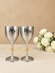Non Breakable Couple Wine Glass Gift Set - Mr. & Mrs Wine Glasses - Set of 2 - Silver