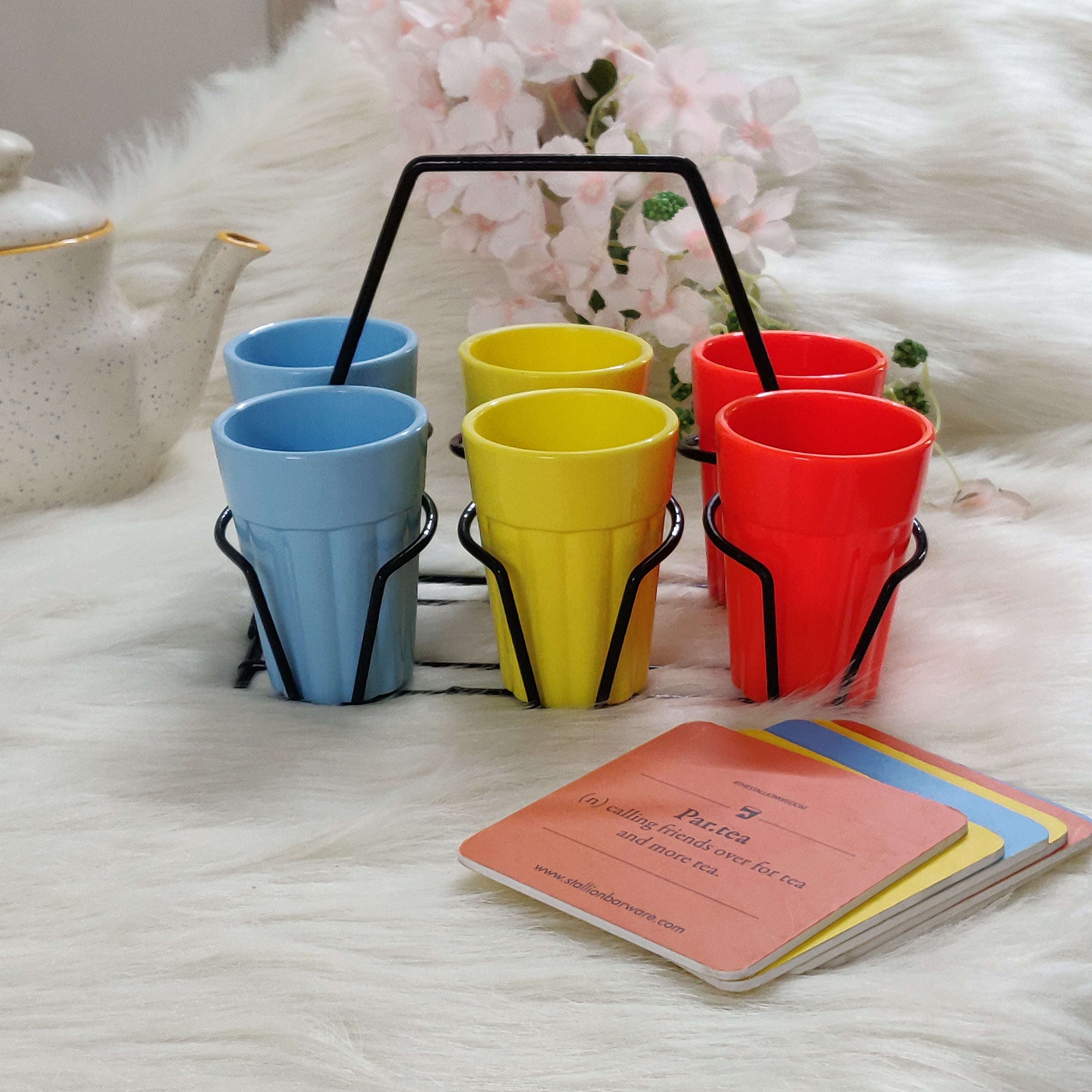 Unbreakable multicolor cutting chai cups with black stand (Set of 6) - Morning Hues Collection