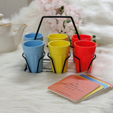 Unbreakable multicolor cutting chai cups with black stand (Set of 6) - Morning Hues Collection