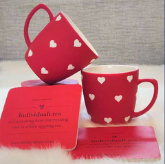 Unbreakable red designer tea cups with heart pattern (Set of 2) - Valentine's gift