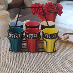 Unbreakable chalkboard multicolor cutting chai cups with black stand (Set of 6)