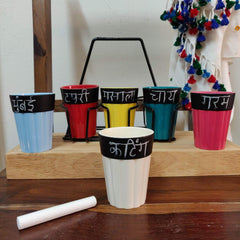 Unbreakable chalkboard multicolor cutting chai cups with black stand (Set of 6)